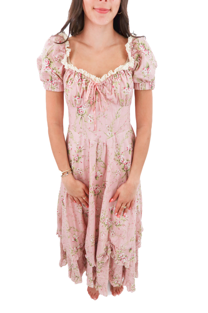 lacemade pink floral short sleeve maxi dress (m; retail $114)