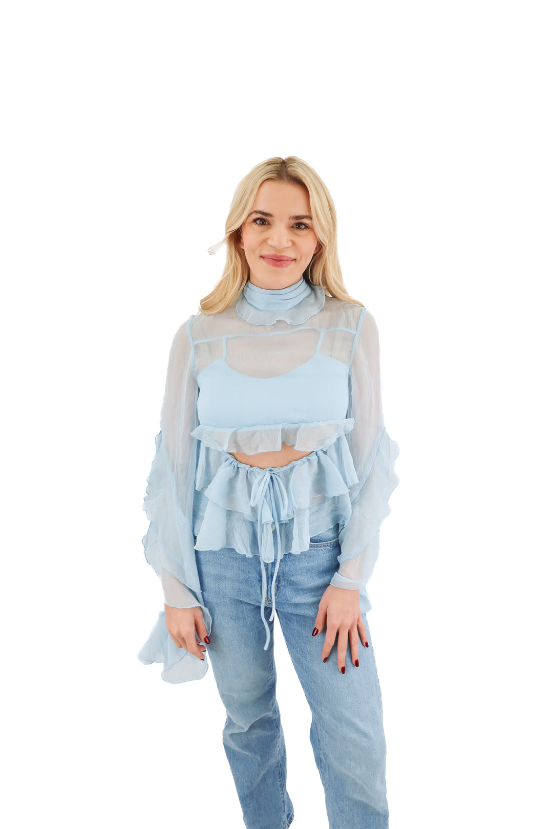 AUCTION bardot blue ruffle top (2) fits up to size 6 *with SMALL bust*; ends 12/10 at 8 pm CT