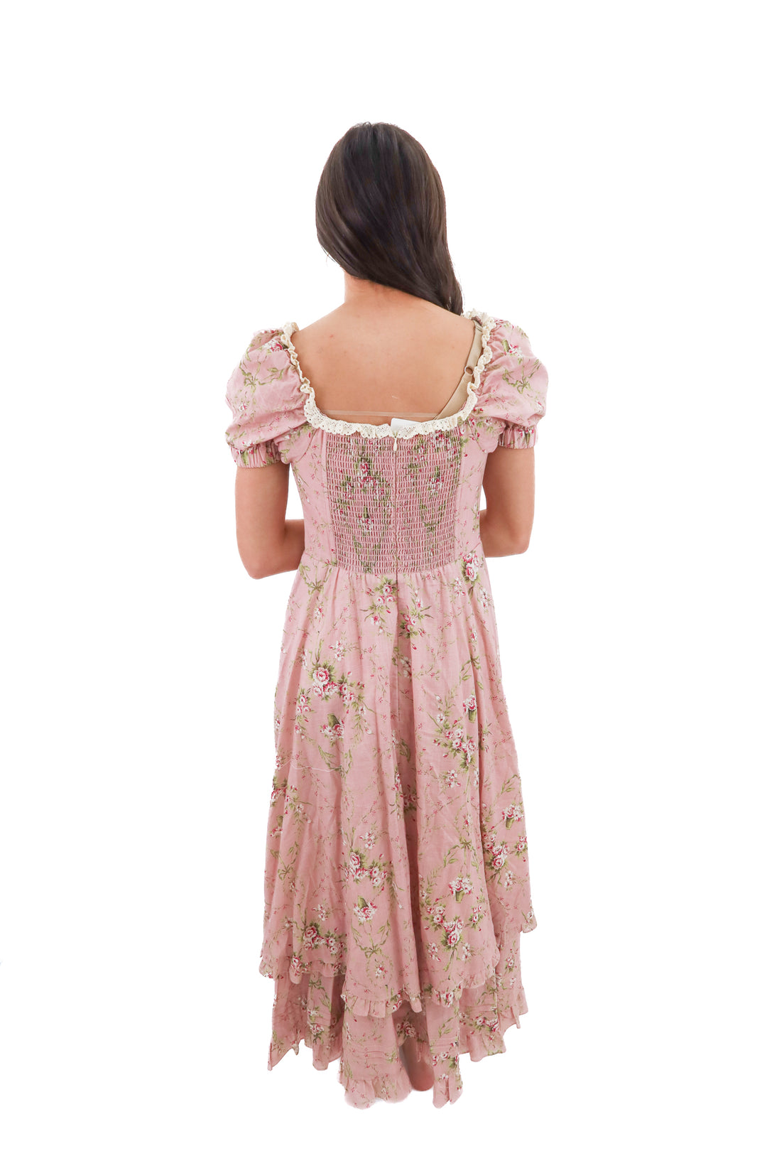lacemade pink floral short sleeve maxi dress (m; retail $114)