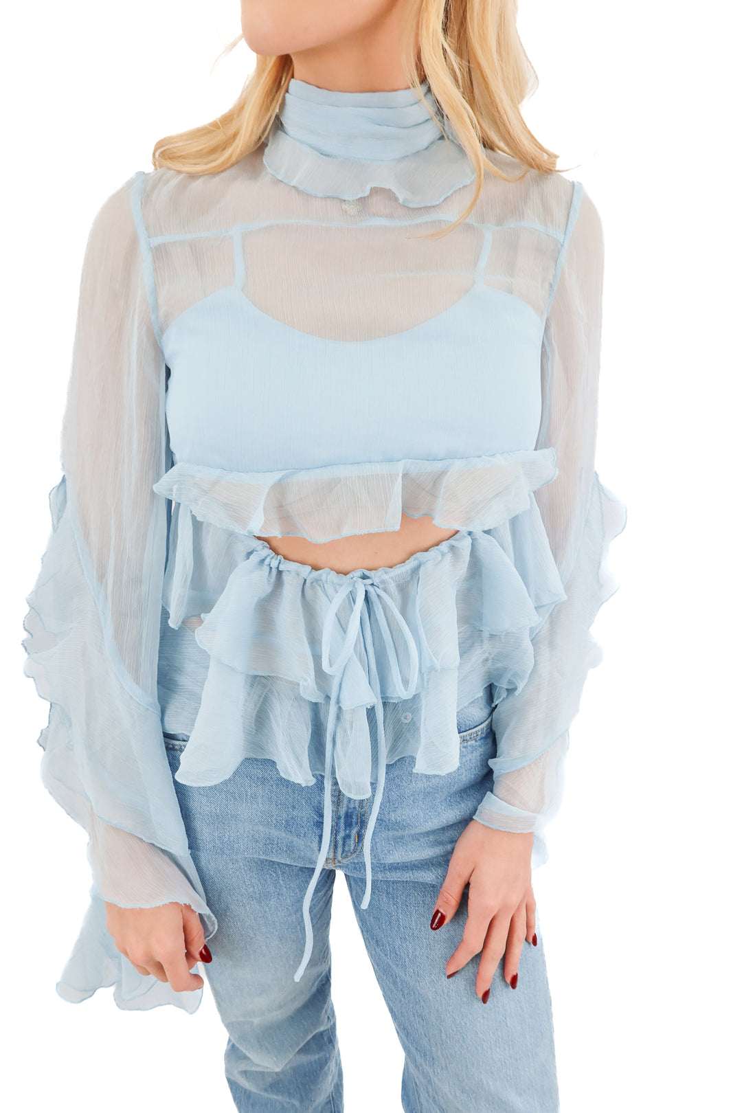 AUCTION bardot blue ruffle top (2) fits up to size 6 *with SMALL bust*; ends 12/10 at 8 pm CT