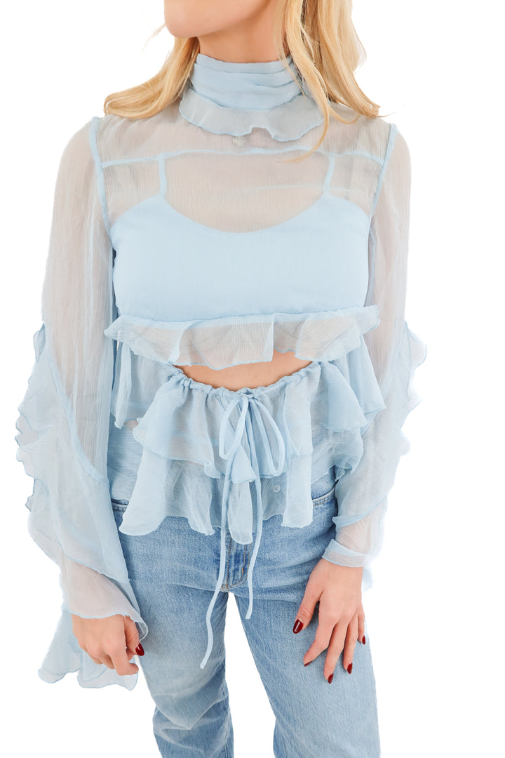AUCTION bardot blue ruffle top (2) fits up to size 6 *with SMALL bust*; ends 12/10 at 8 pm CT