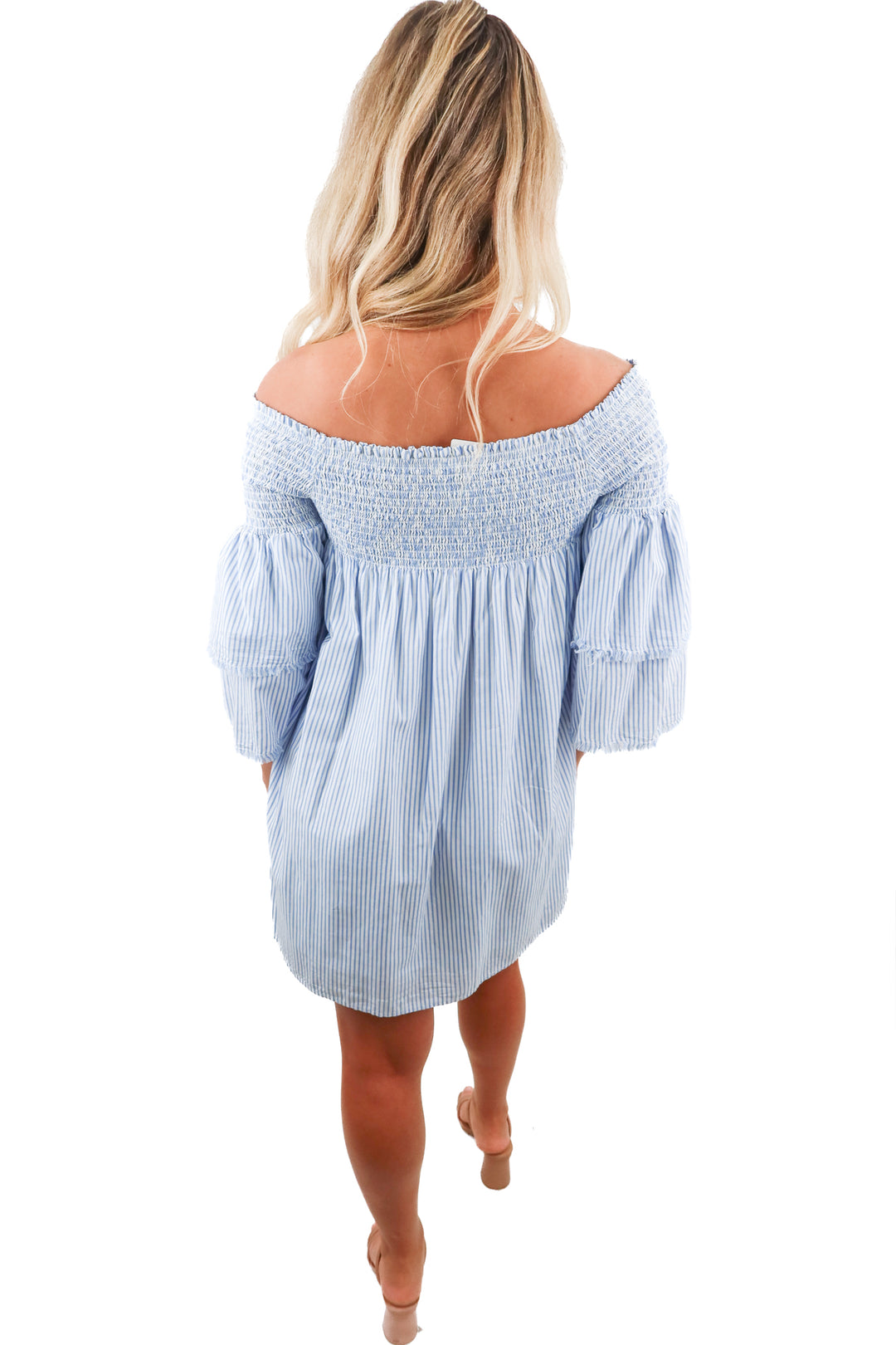 Elan blue pinstripe shirred over the shoulder mini dress (M)