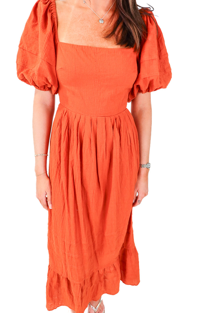 ASTR burnt orange midi dress (s; retail $138)