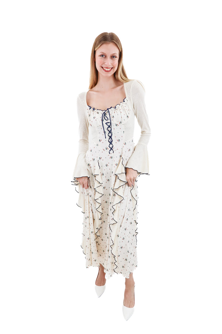 lacemade ivory and navy tie up maxi dress (m; retail $114)