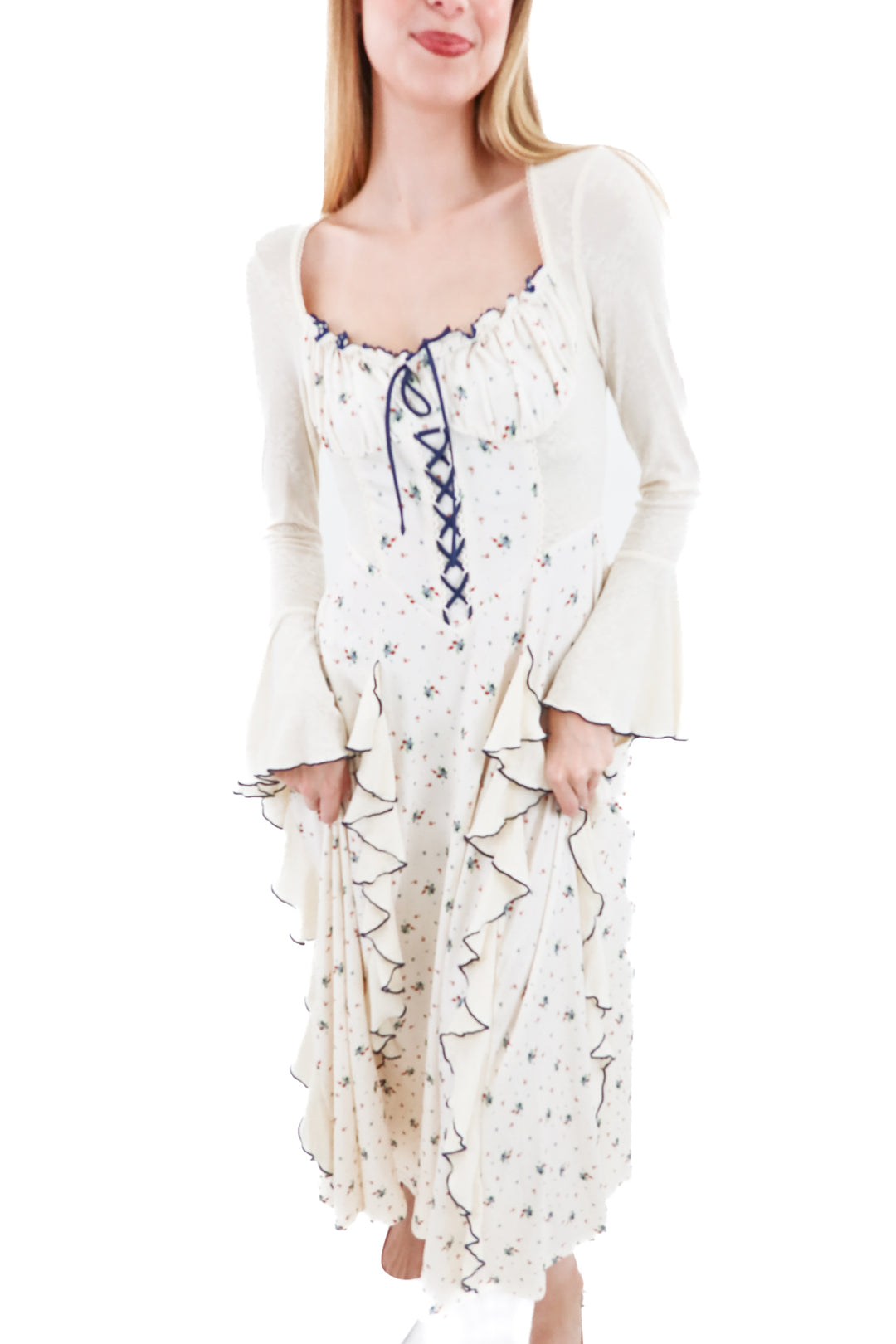 lacemade ivory and navy tie up maxi dress (m; retail $114)