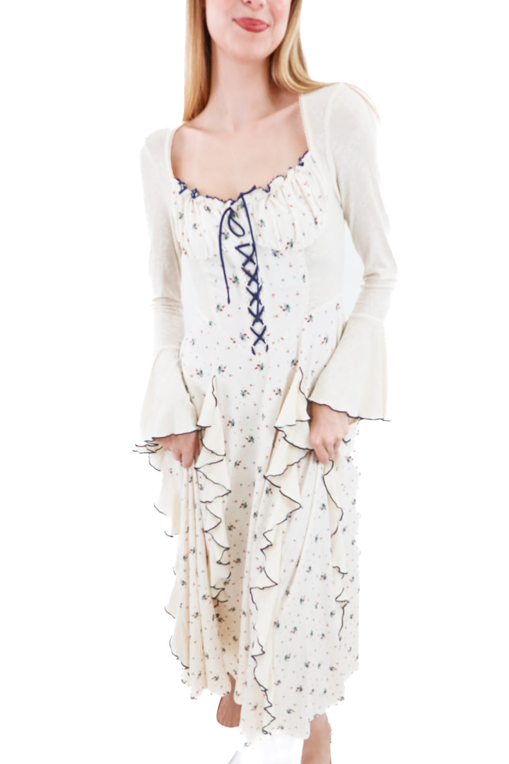 lacemade ivory and navy tie up maxi dress (m; retail $114)