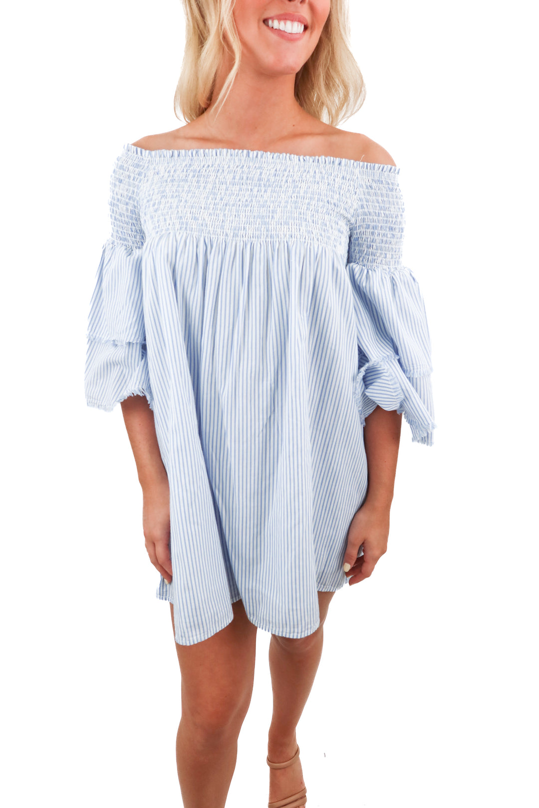 Elan blue pinstripe shirred over the shoulder mini dress (M)