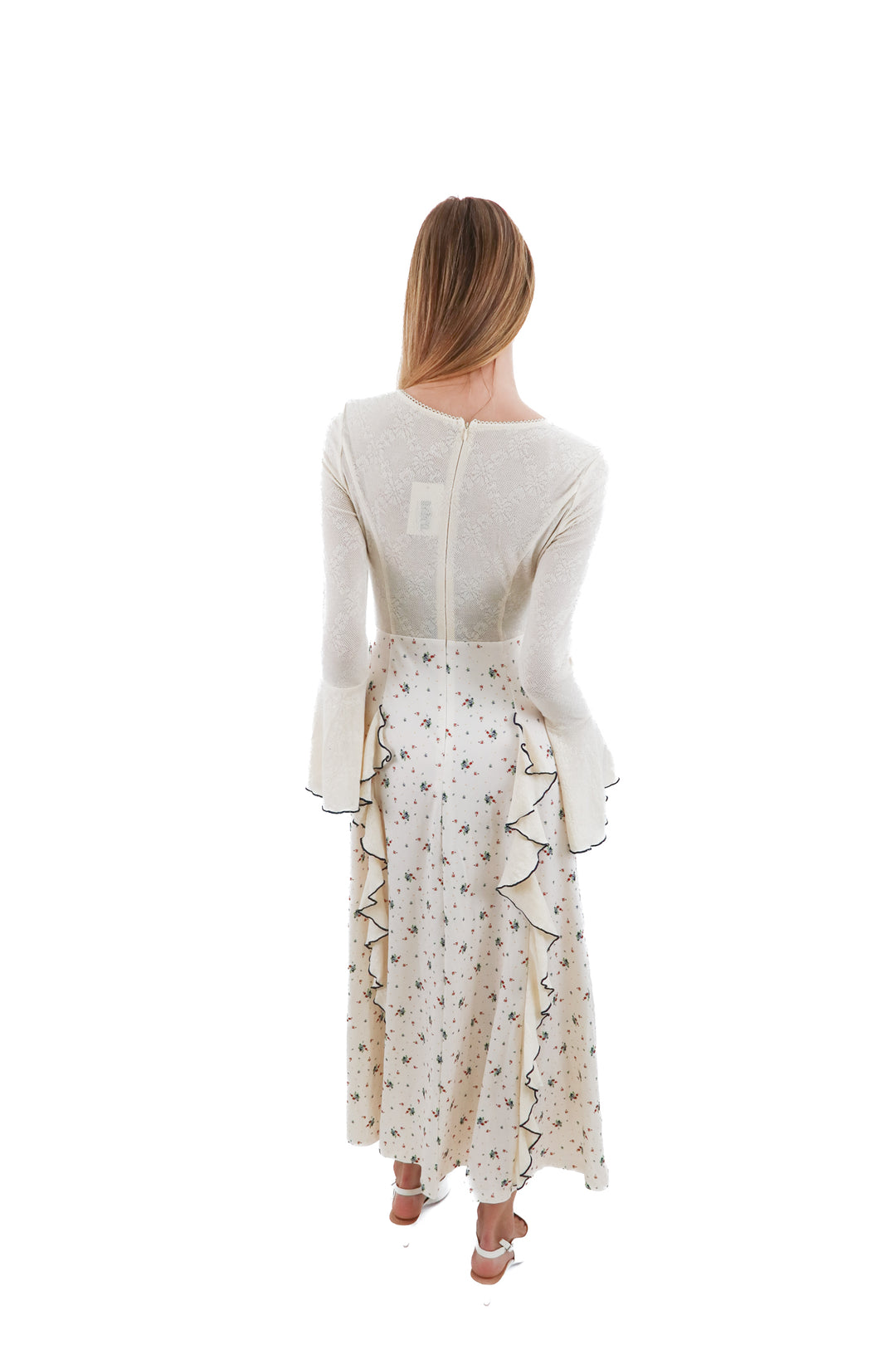 lacemade ivory and navy tie up maxi dress (m; retail $114)