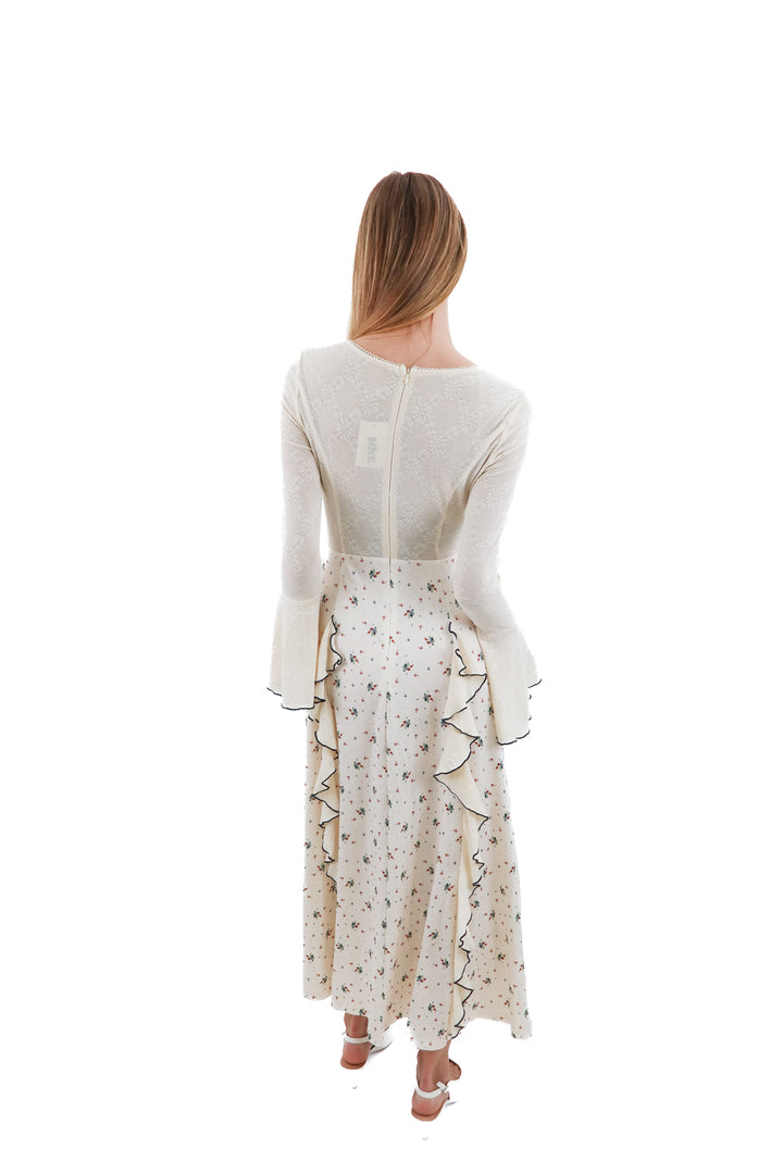 lacemade ivory and navy tie up maxi dress (m; retail $114)