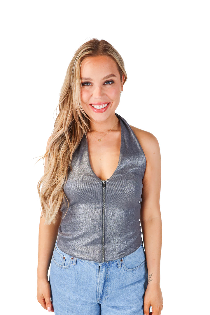 zara silver sparkle halter top NWT (L)