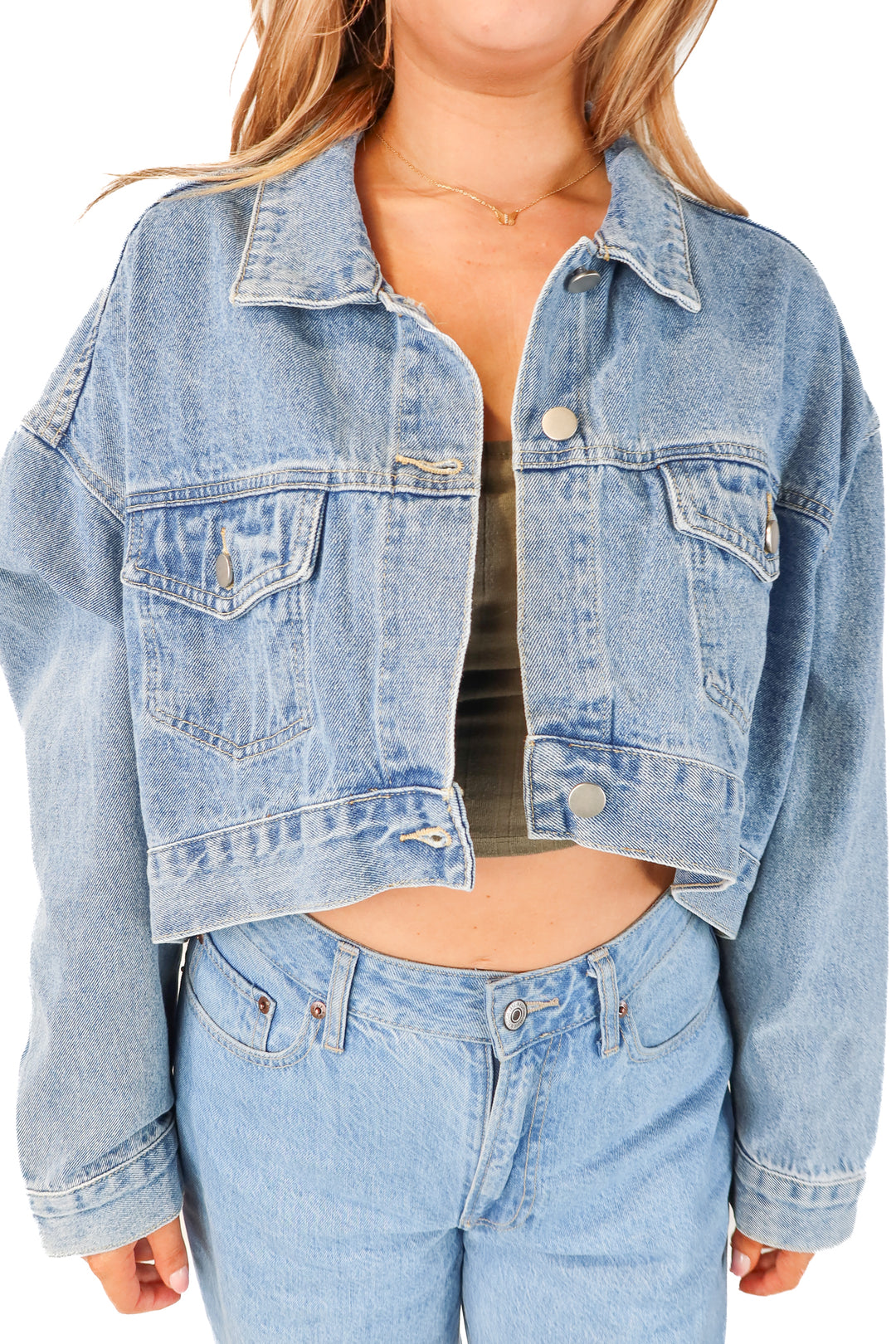 SOLD miss lola cropped denim jacket NWT (L)