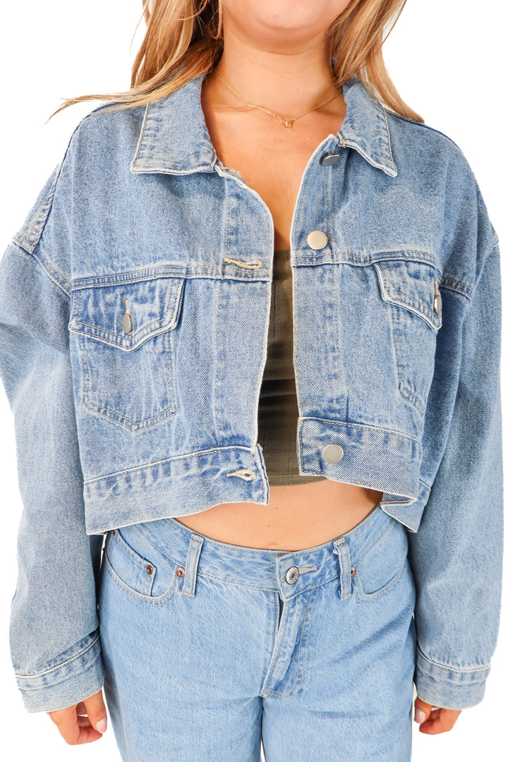 SOLD miss lola cropped denim jacket NWT (L)