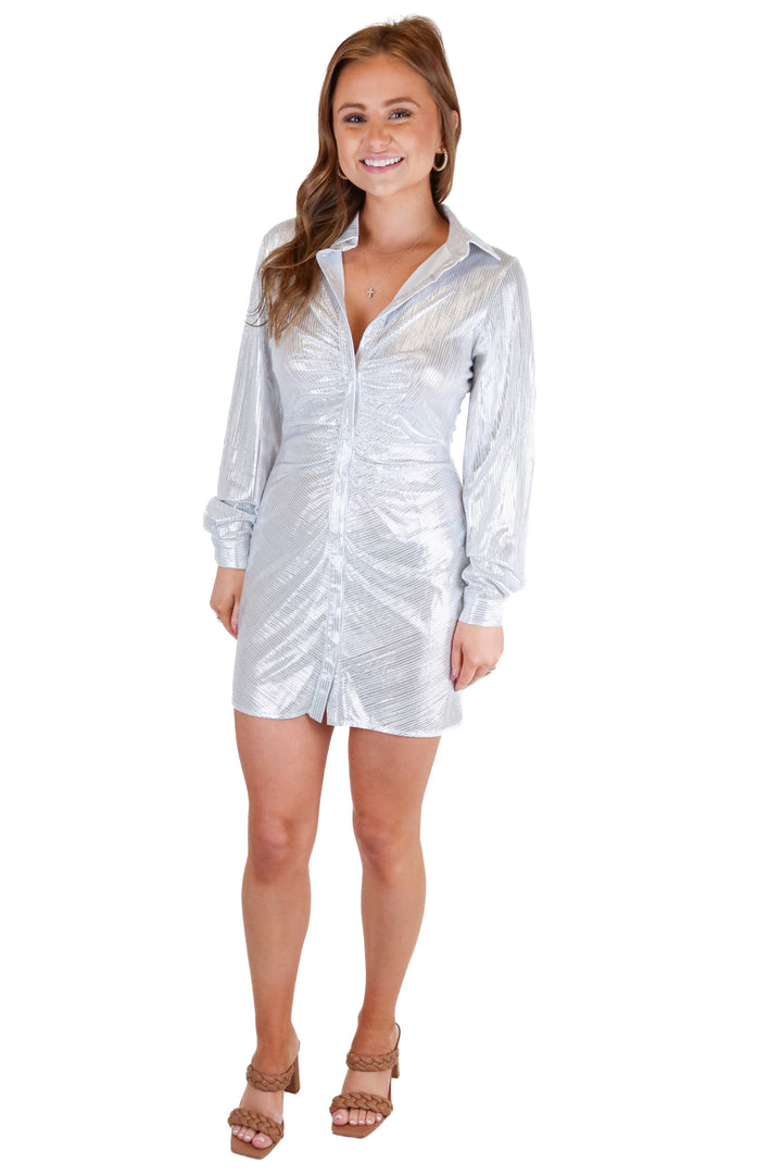 princess polly disco long sleeve ruched dress (s; retail $70)