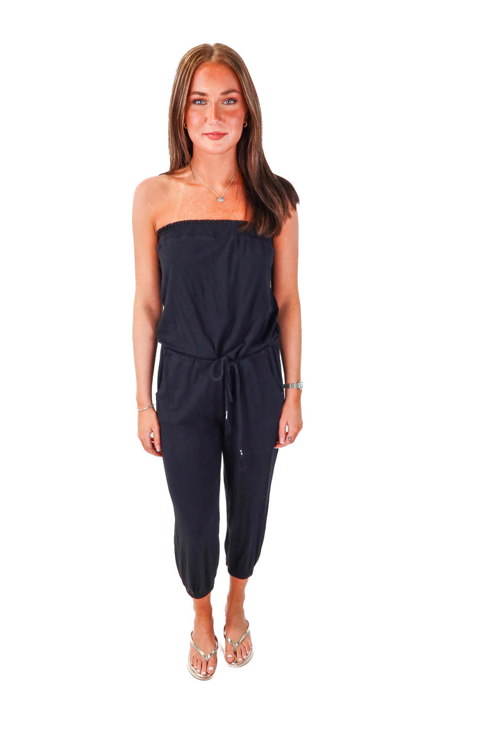 bobi black strapless lounge jumpsuit (s; retail $106)