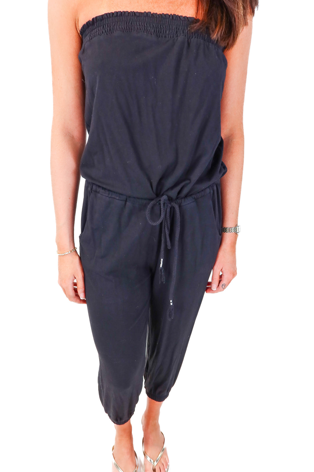 bobi black strapless lounge jumpsuit (s; retail $106)