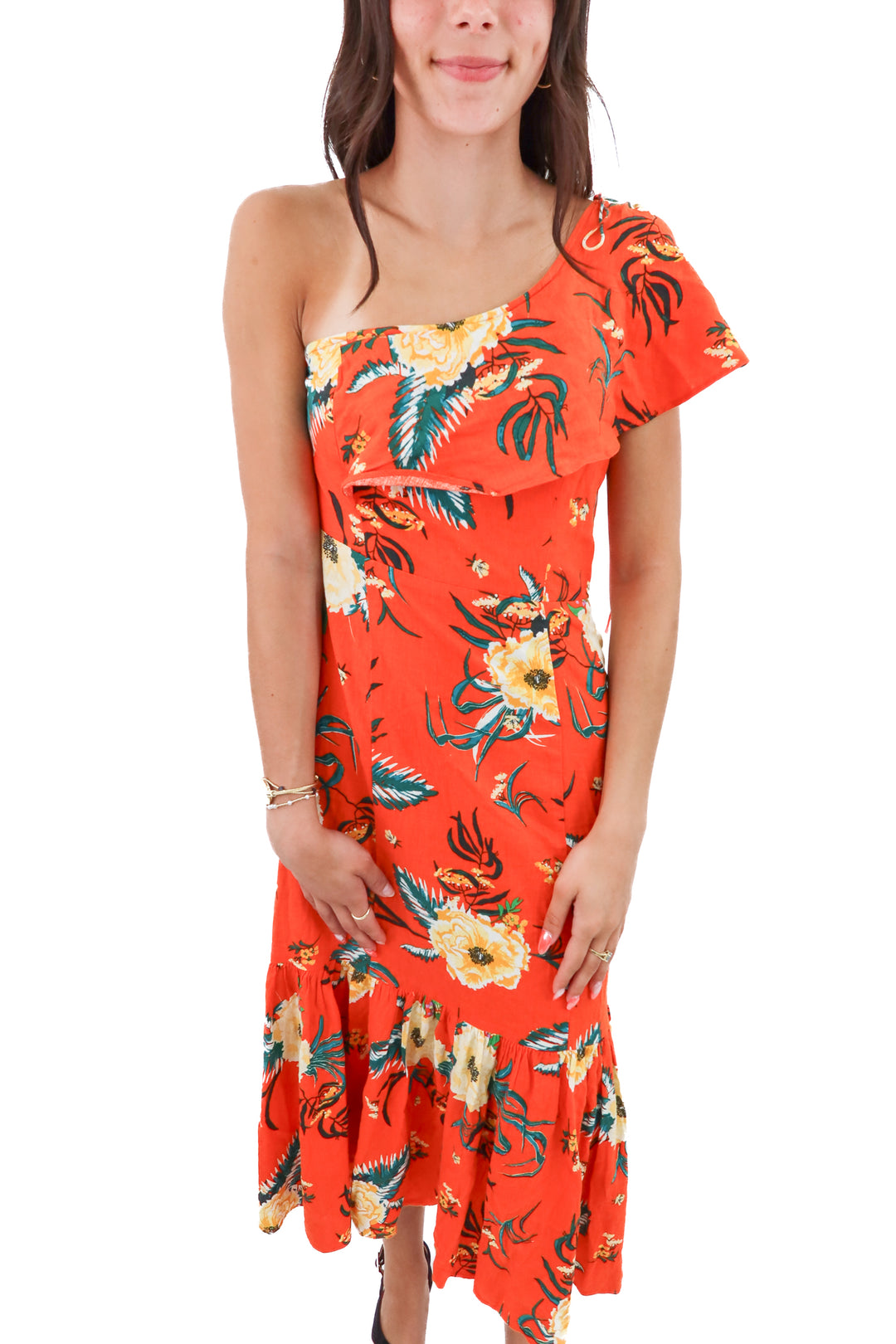 urban outfitters orange one shoulder maxi (s; retail $99)