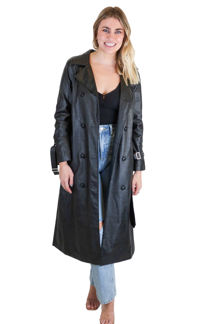 Princess Polly black vegan leather trench coat (S)