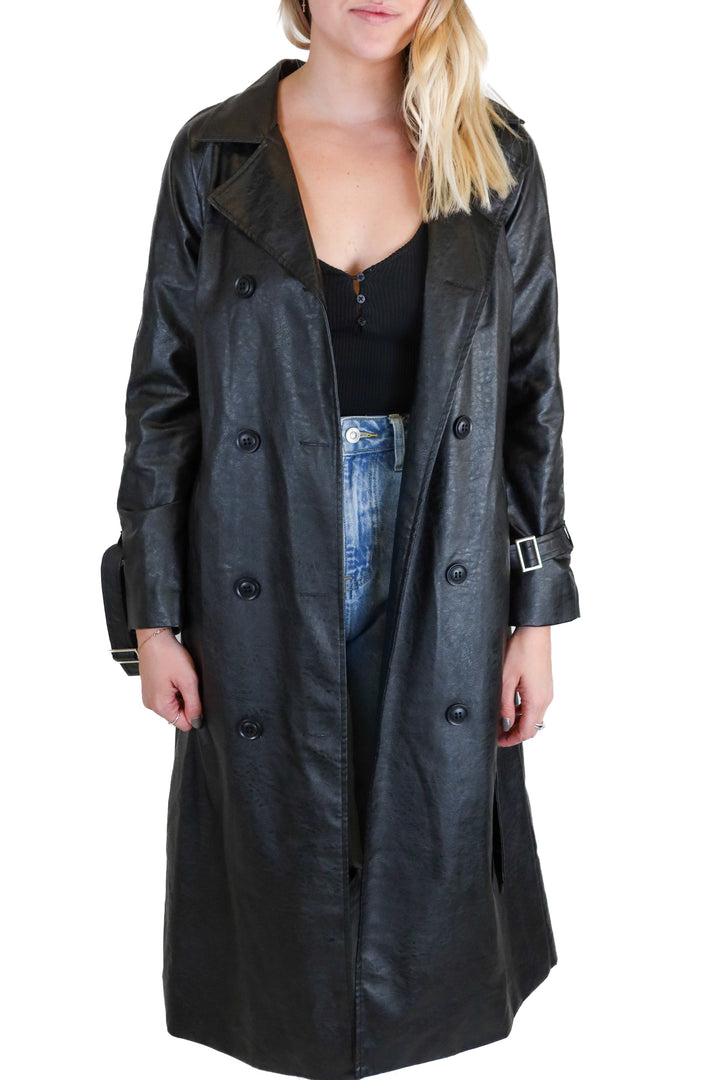 Princess Polly black vegan leather trench coat (S)