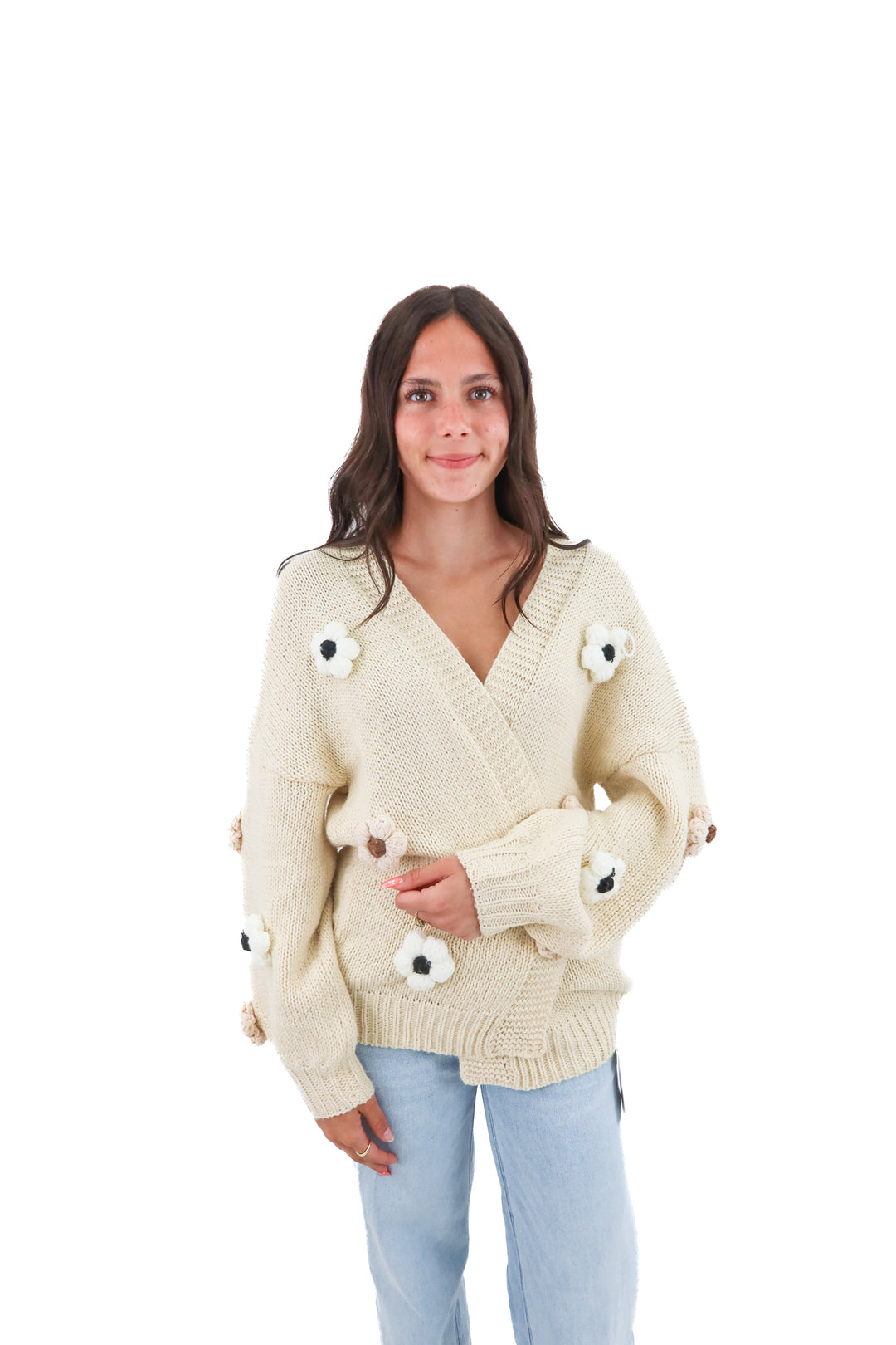 cream knit cardigan with flowers (s)