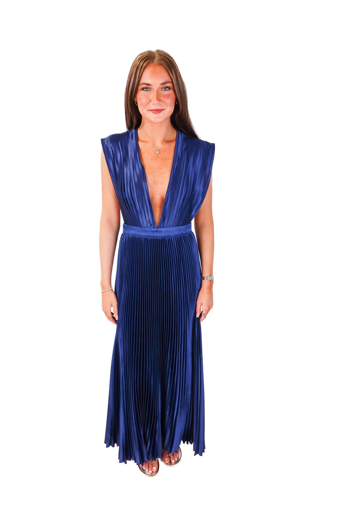 lidee woman blue pleated dress (6; retail $395)