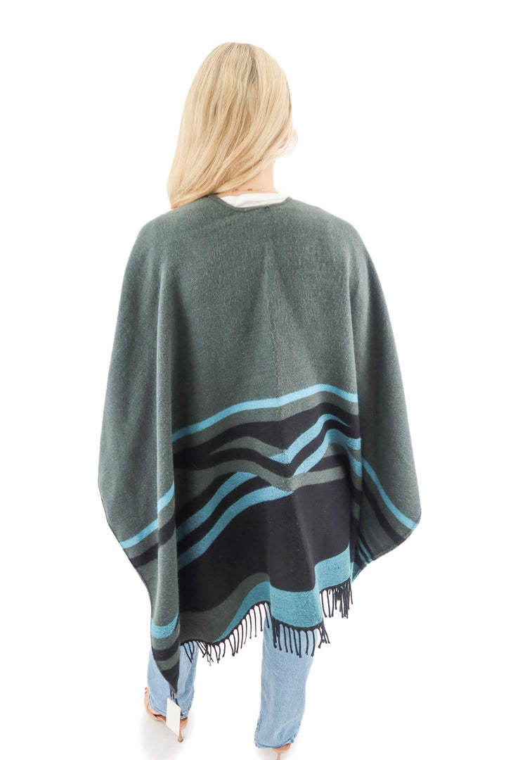 black/blue stripe fringe poncho scarf shawl