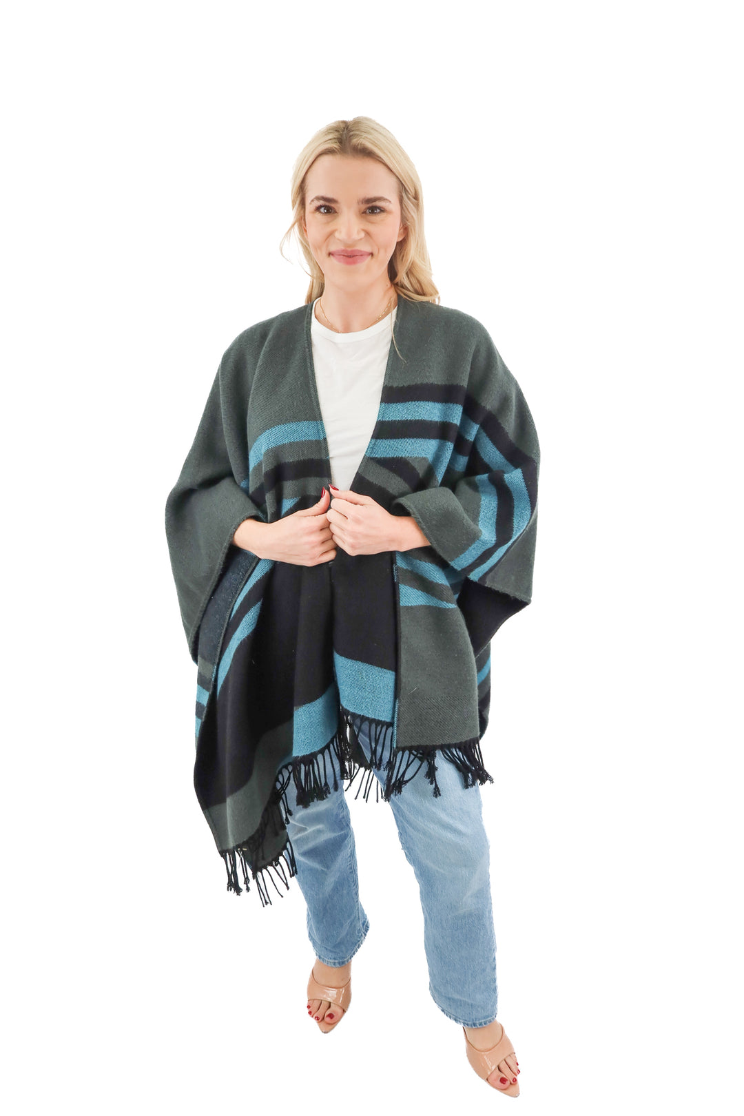 black/blue stripe fringe poncho scarf shawl