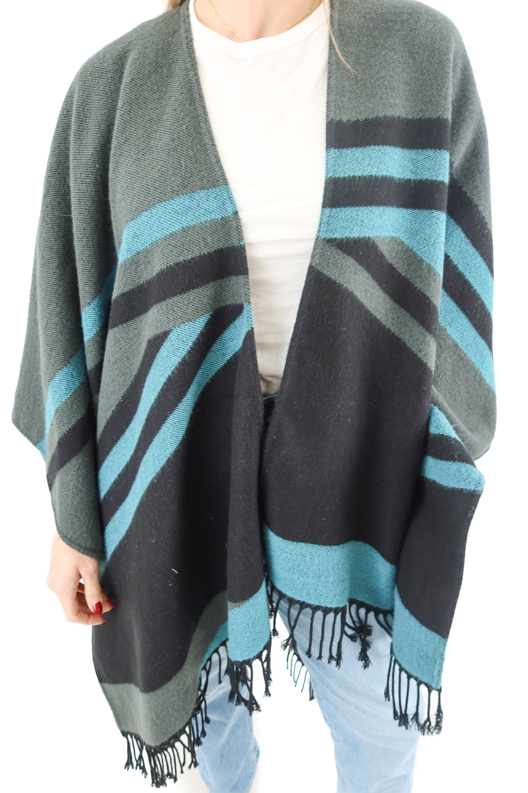 black/blue stripe fringe poncho scarf shawl