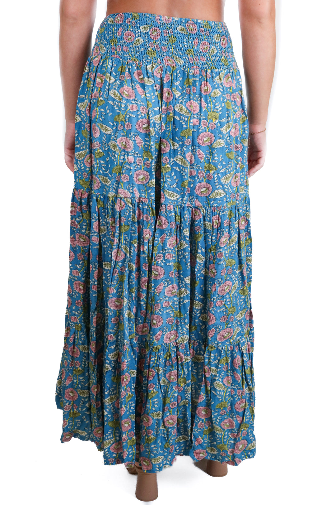 Natural Life sky blue/pink/green floral midi skirt (S)
