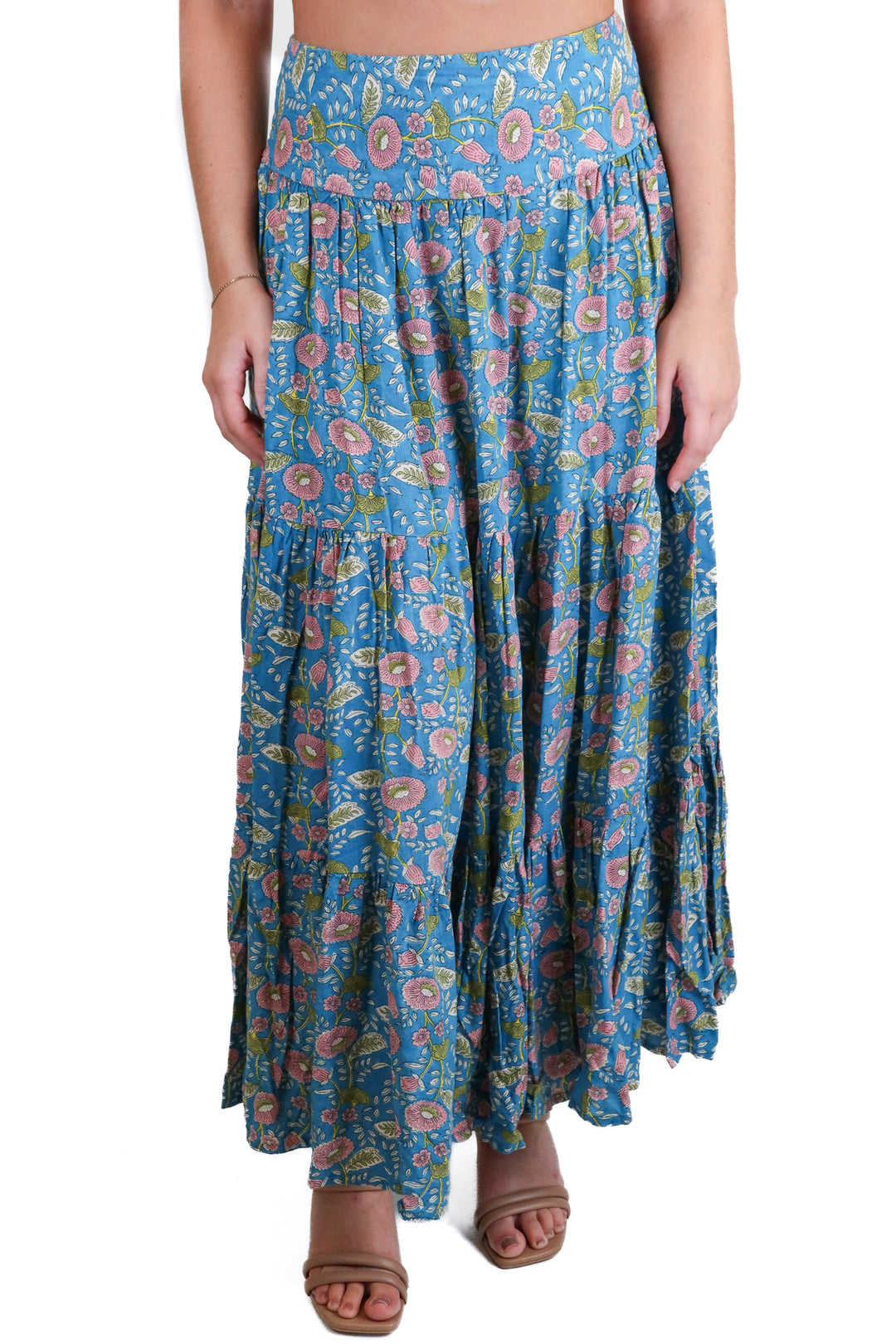 Natural Life sky blue/pink/green floral midi skirt (S)