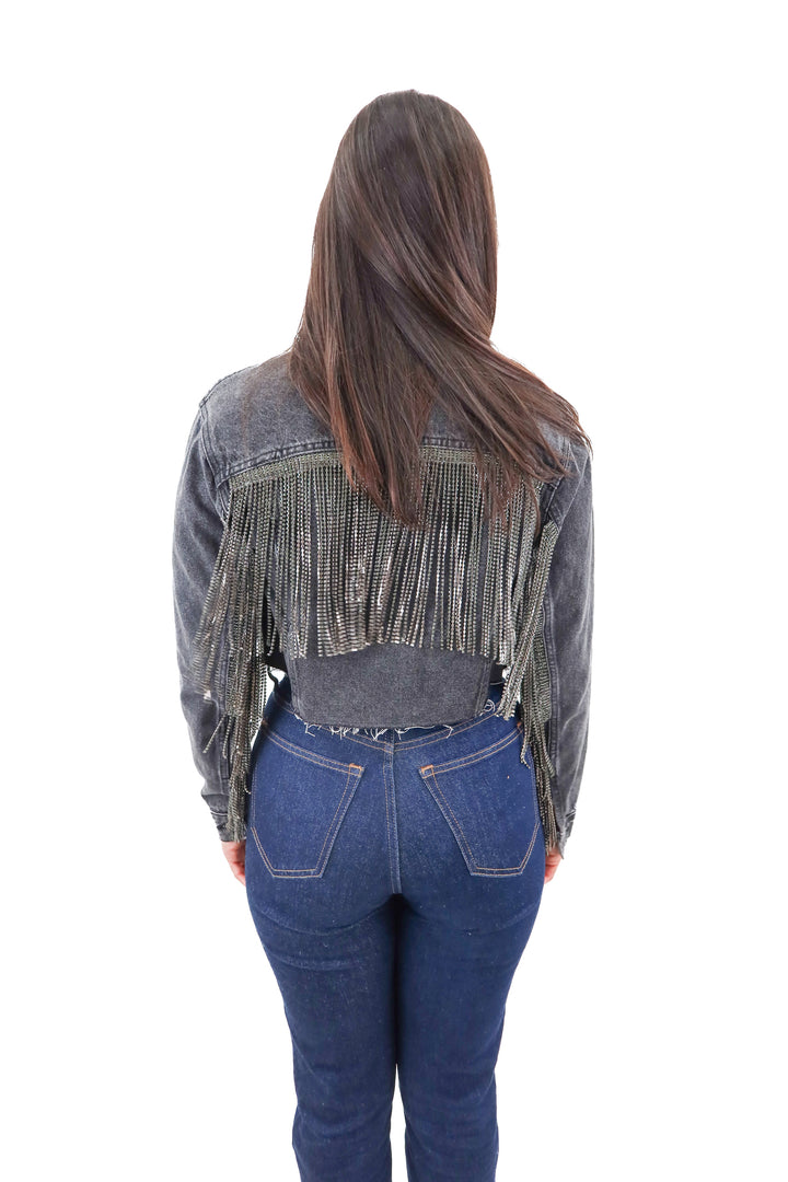 daniel diamond black denim and crystal fringe cropped jacket (0; retail $275)