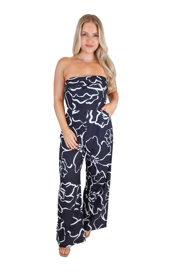 Runaway Black & White Floral Strapless Jumpsuit NWT (M)