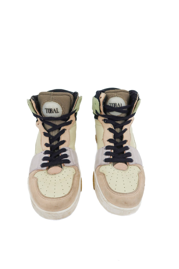 toral mixed leather color block high top sneakers (8; retail $210)