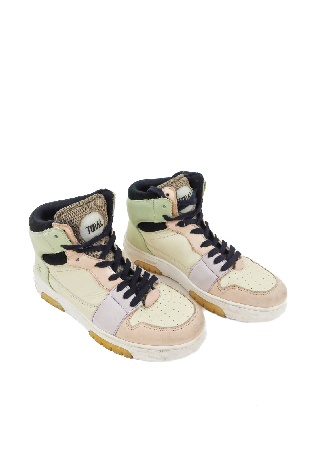 toral mixed leather color block high top sneakers (8; retail $210)
