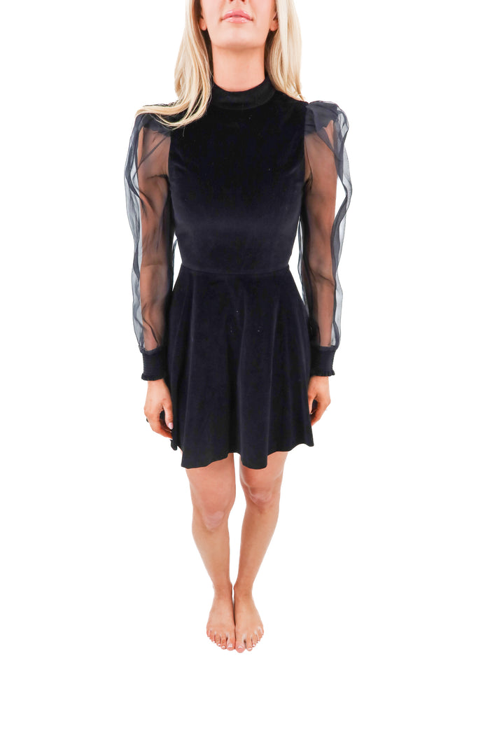 alice + olivia black velvet mini dress with sheer sleeves (0; retail $1,152)