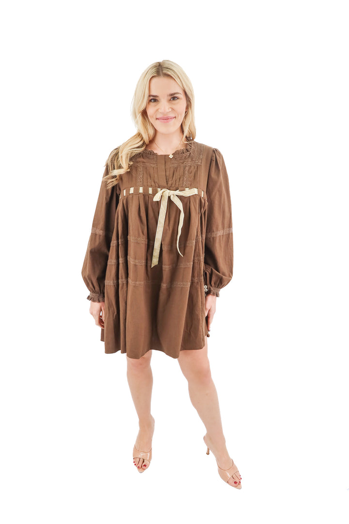 Free People brown and cream velvet bow dress NWT (XS; retail $168)