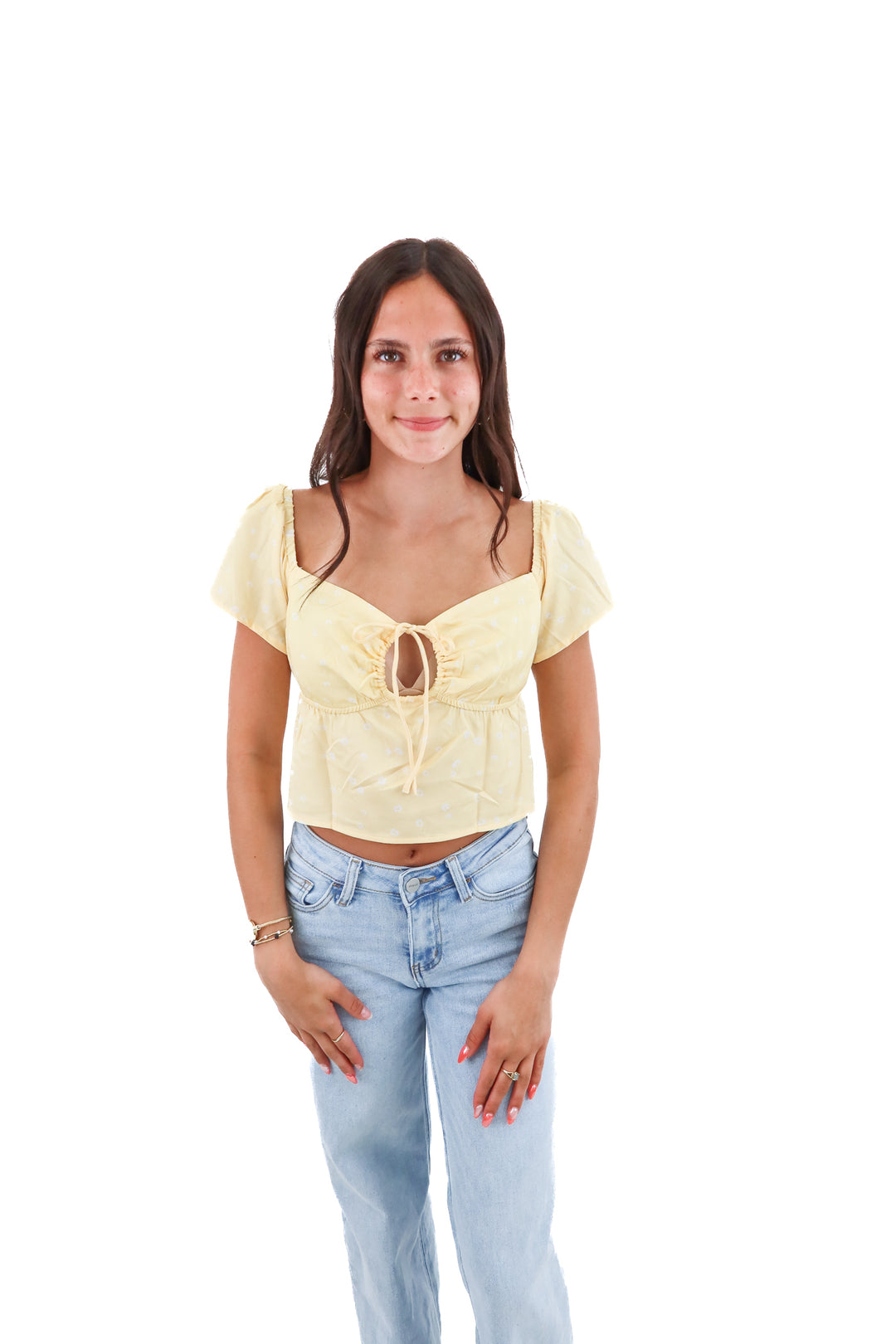 kittenish yellow ditsy floral satin top (S)