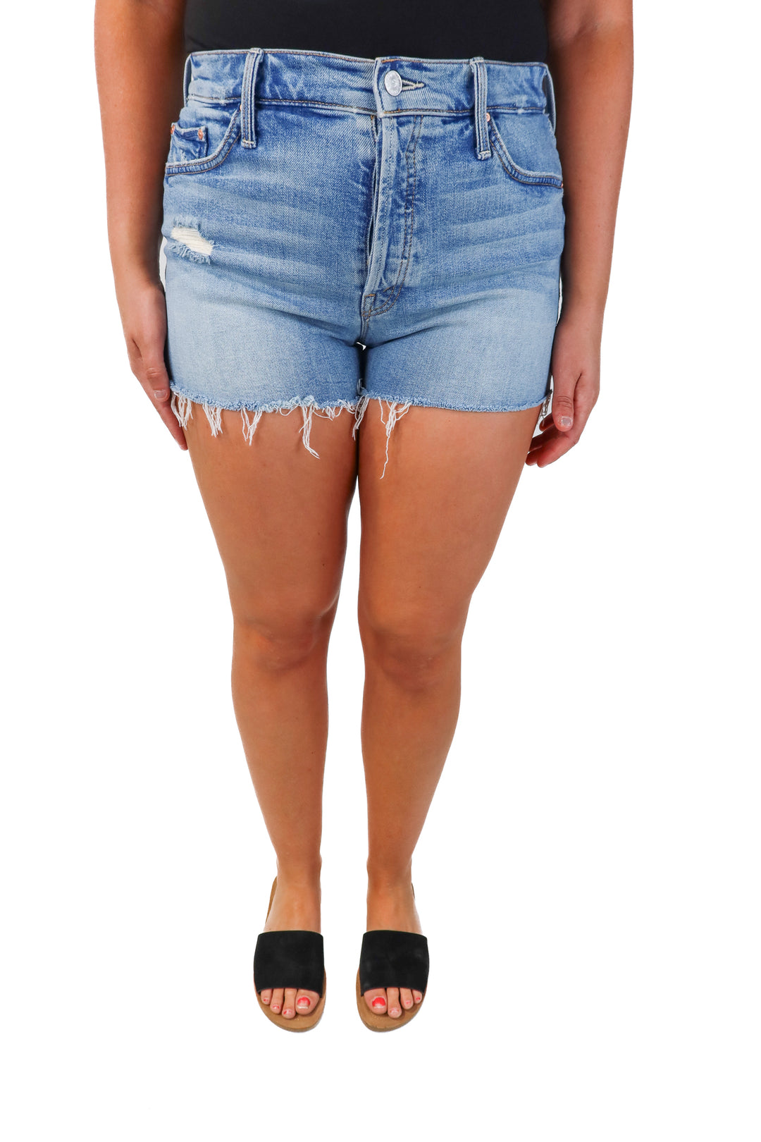 SOLD mother light wash distressed denim shorts (29; retail $235)