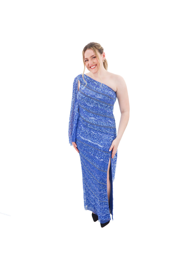 adrianna papell blue sequin one shoulder dress NWT (10; retail $350)