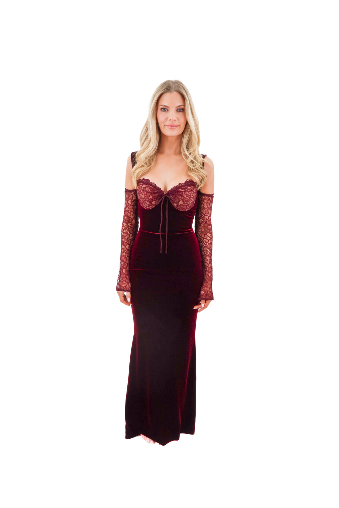 house of cb burgundy velvet and lace maxi dress (xs; retail $299)