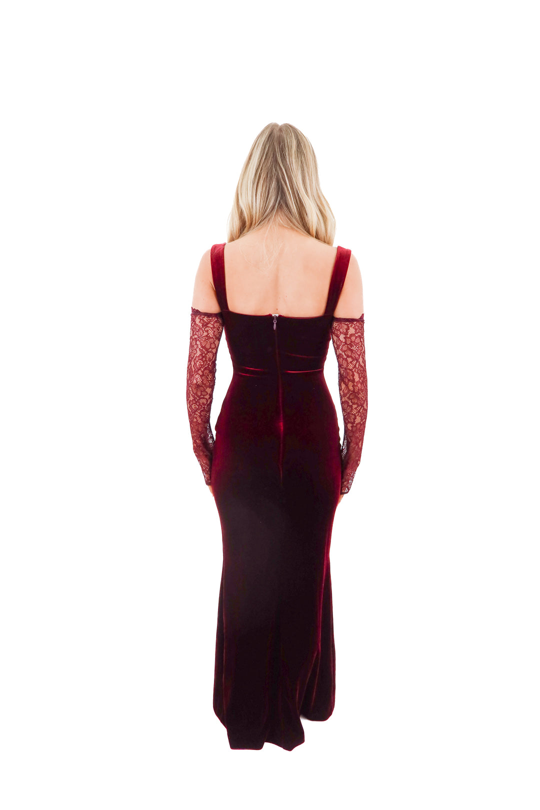 house of cb burgundy velvet and lace maxi dress (xs; retail $299)