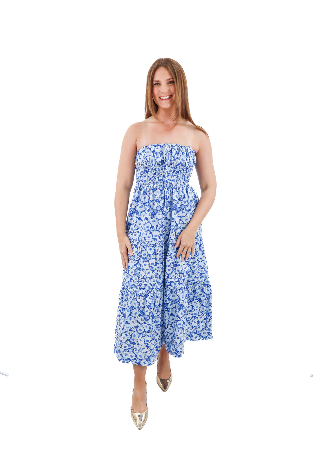 anthropologie blue floral strapless midi dress nwt (xs; retail $168)