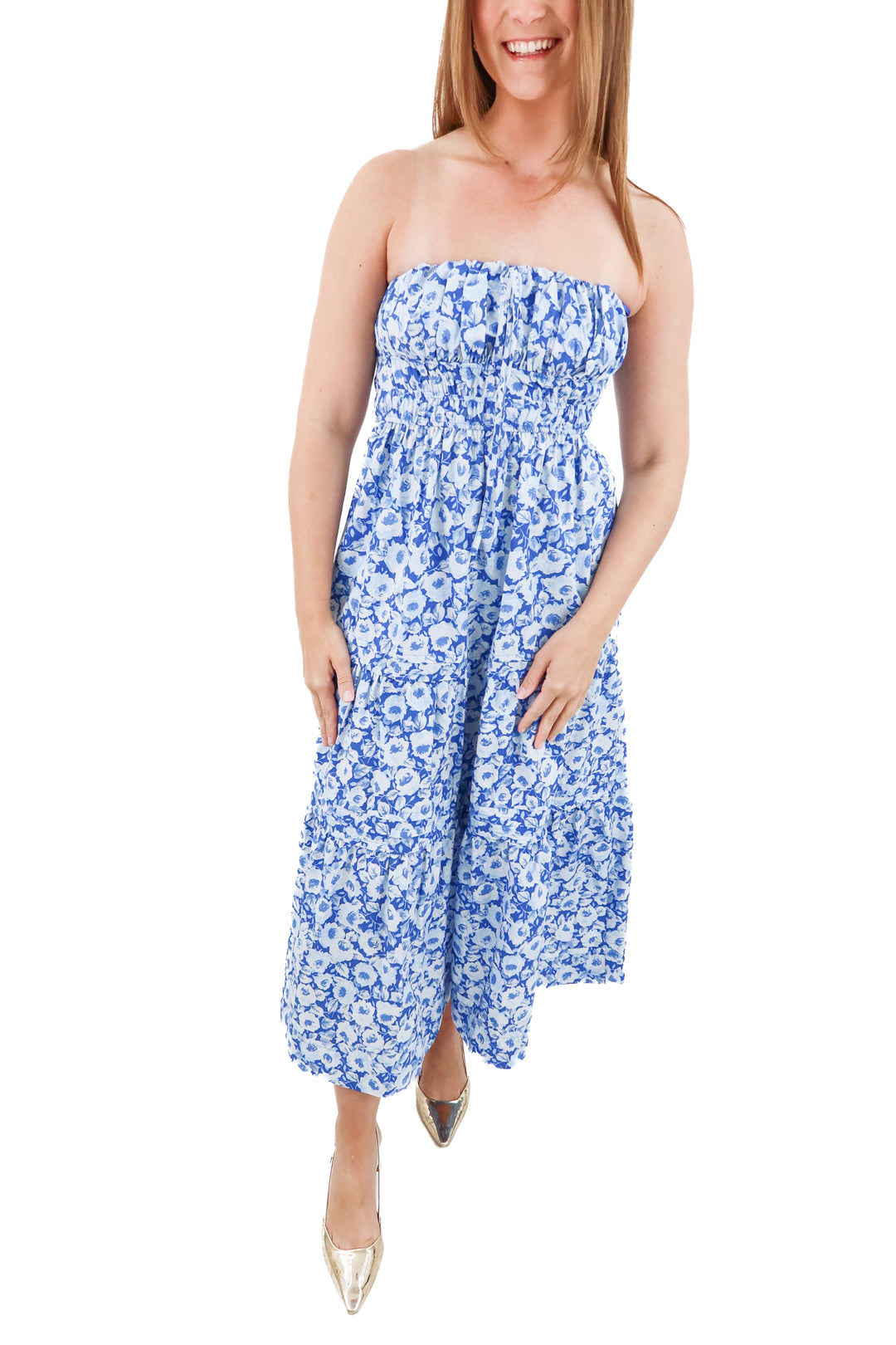 anthropologie blue floral strapless midi dress nwt (xs; retail $168)
