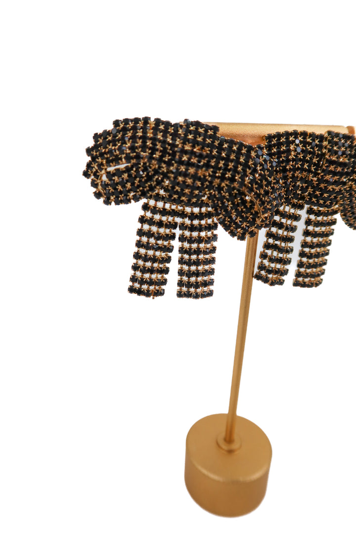 black gem gold bow statement earrings