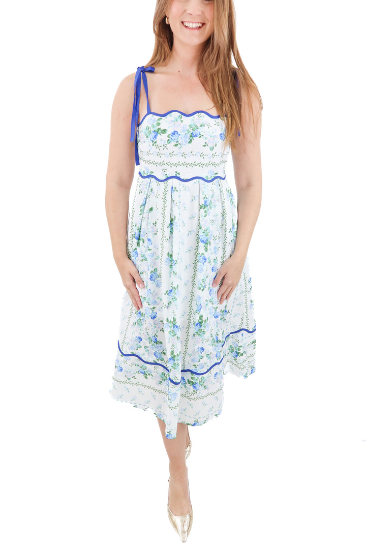 entro white/blue floral midi dress nwt (xs; retail $112)