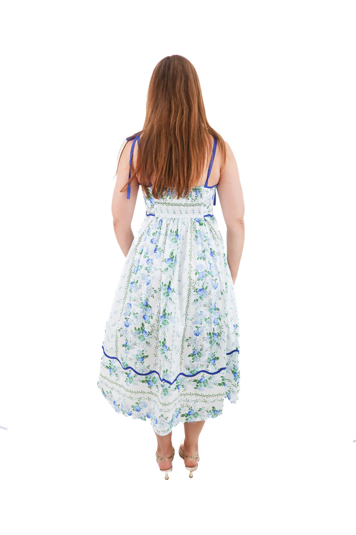 entro white/blue floral midi dress nwt (xs; retail $112)