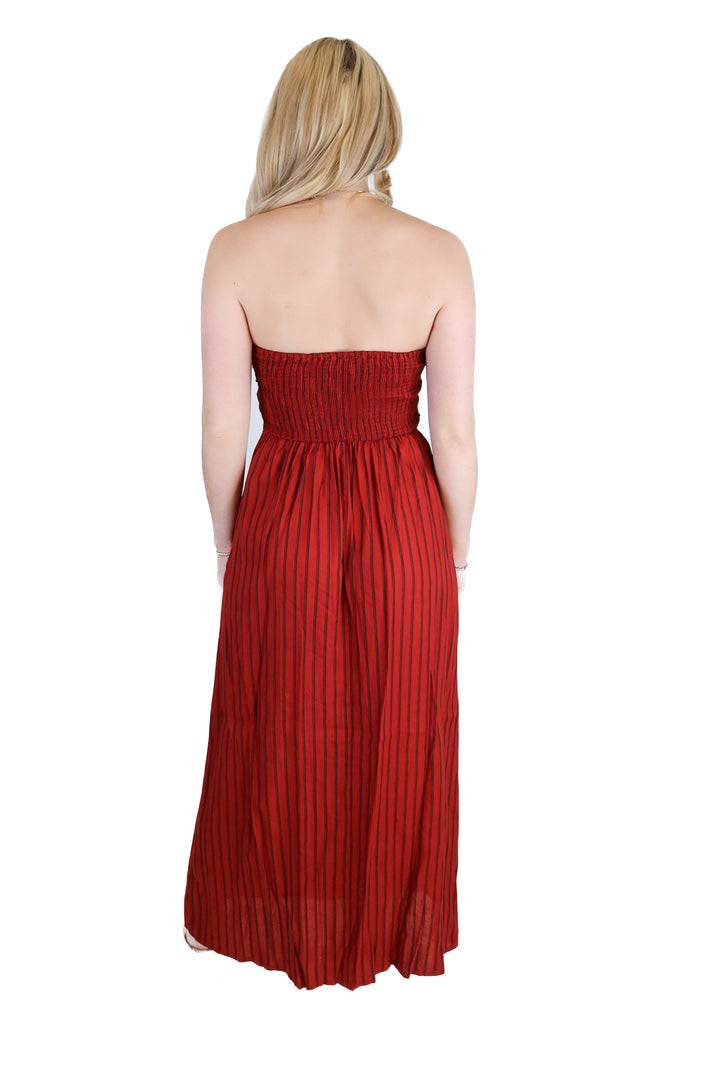 Olivaceous red striped strapless maxi dress (s; retail $92)