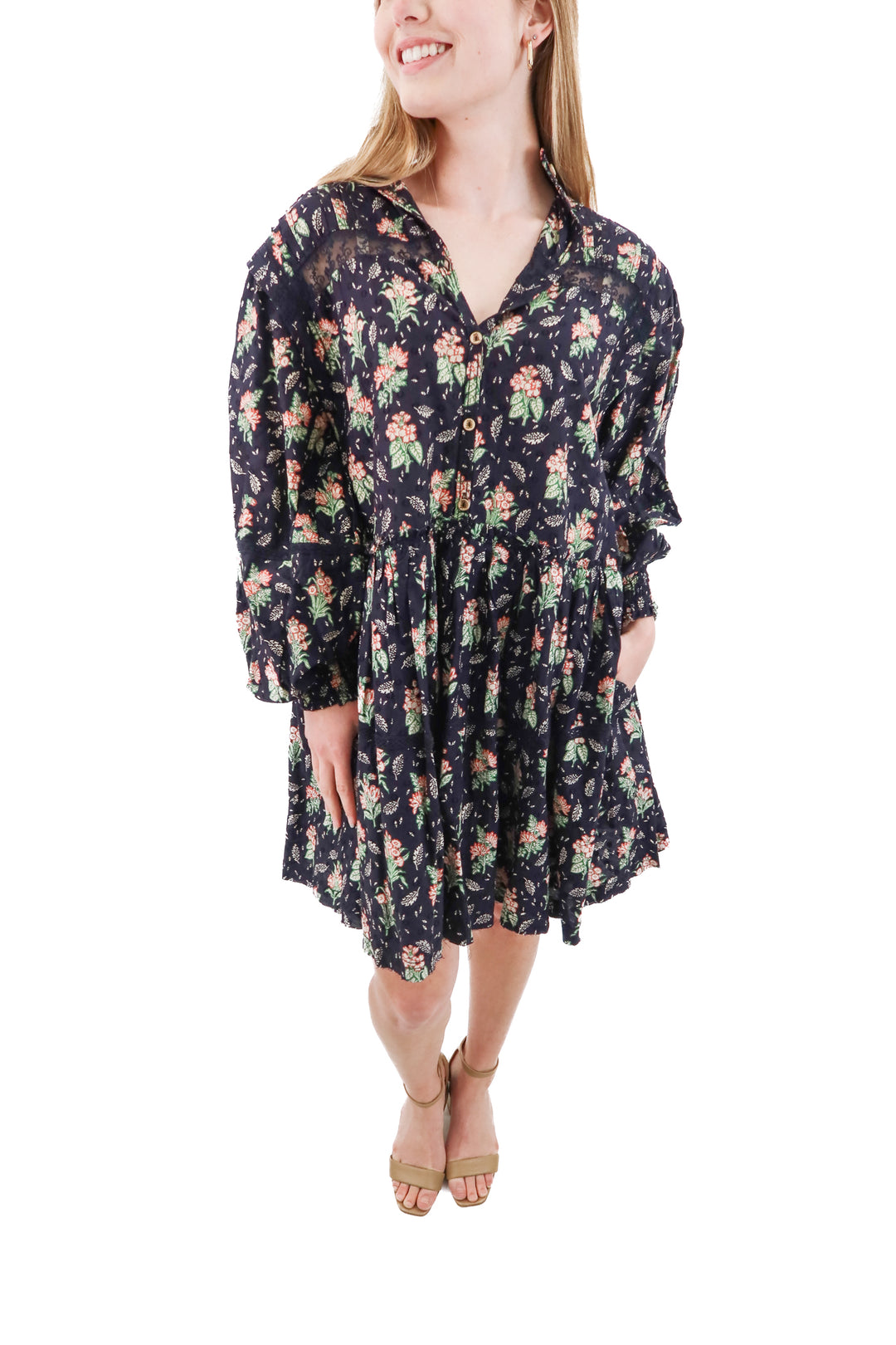 pilcro black floral long sleeve mini dress (xs; retail $138)