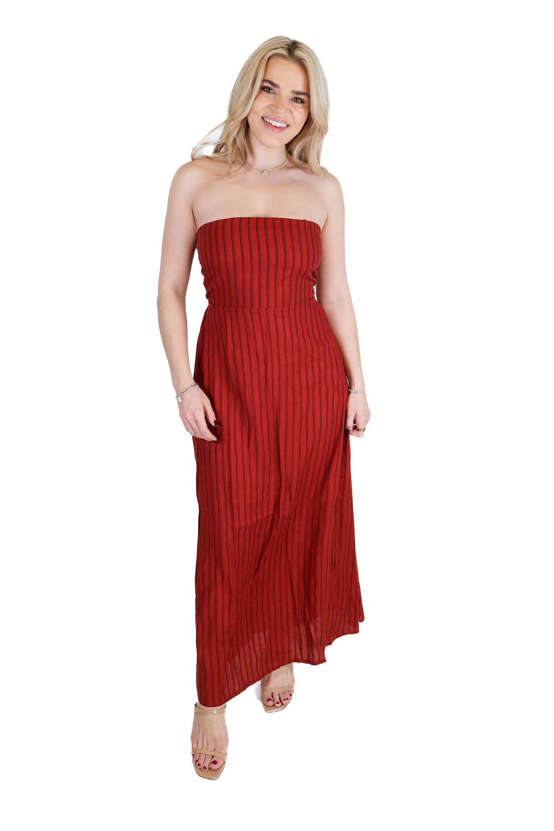Olivaceous red striped strapless maxi dress (s; retail $92)
