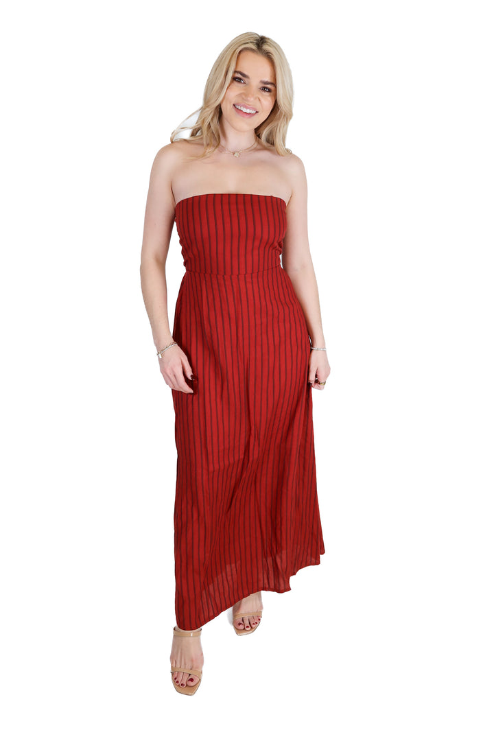 Olivaceous red striped strapless maxi dress (s; retail $92)