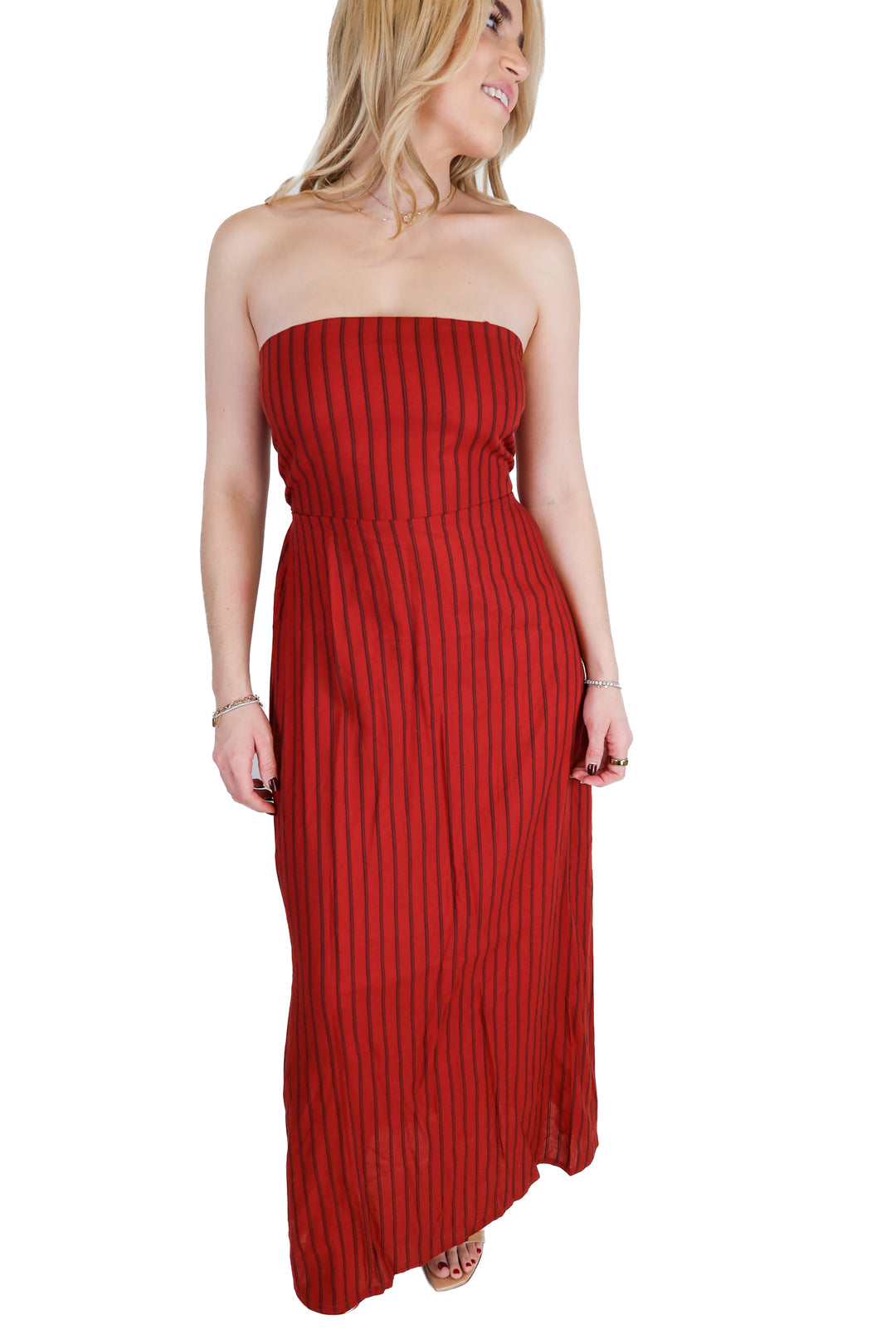 Olivaceous red striped strapless maxi dress (s; retail $92)